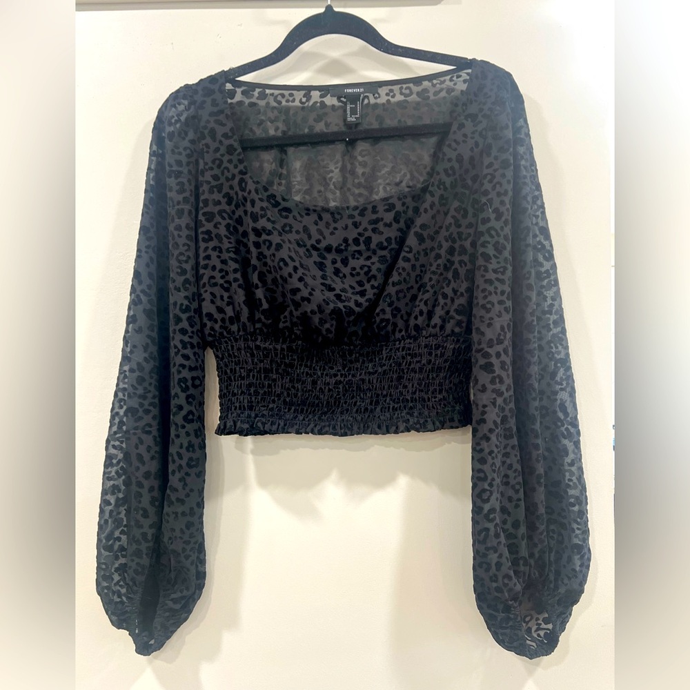 Forever 21 Sheer Puff Sleeve Black Leopard Print Women's Top